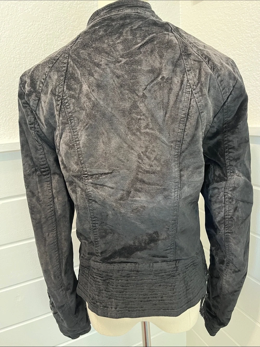 Free People Black Asymmetrical Zip Crushed Velvet-Look Jacket